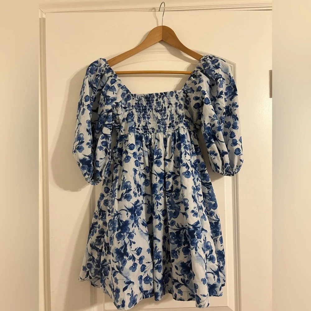 Abercrombie & Fitch Emerson Poplin Puff Sleeve Blue floral Mini Dress Sz XXS - Picture 12 of 14